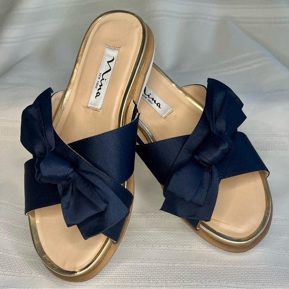 Platform Sandal Flip Flop Nina Navy Satin Gold Sz‎ 5 EUC - Picture 1 of 13